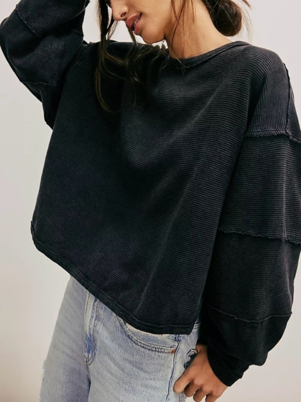 We The Free Washed Black Ribbed Boxy Cropped Sweatshirt